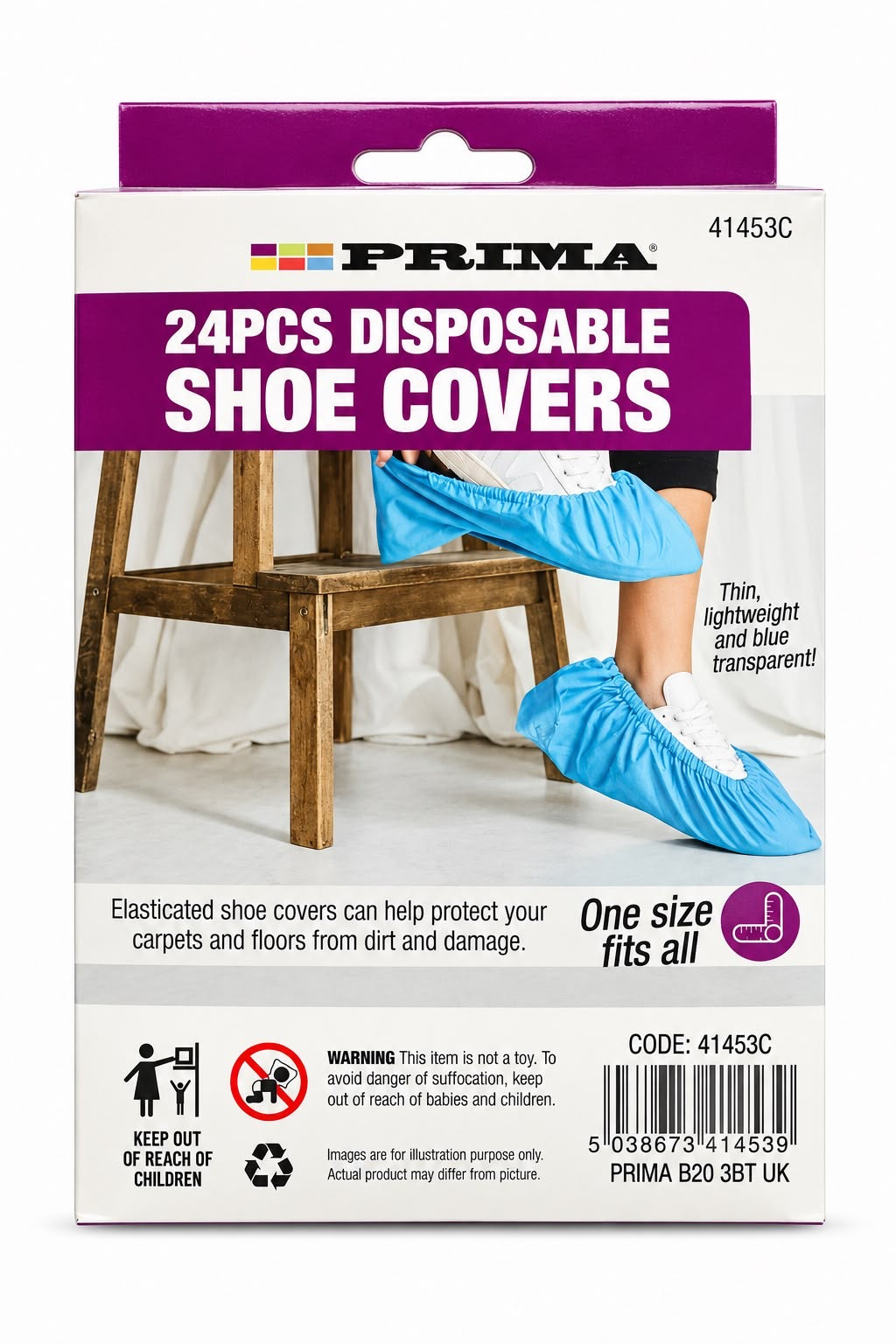 Prima disposable blue shoe covers 24 individual pieces elasticated edges, one size, packaging 41453C