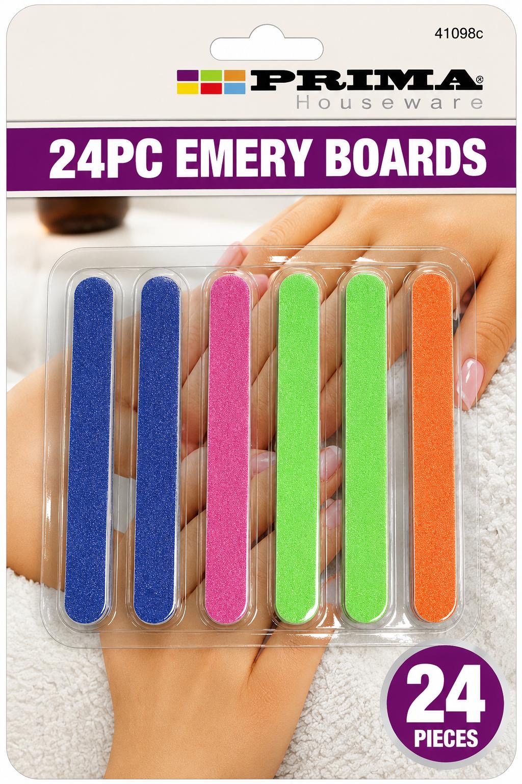 Prima 24 piece nail emery board pack assorted bright nail file colours blue pink green and orange product 41098C