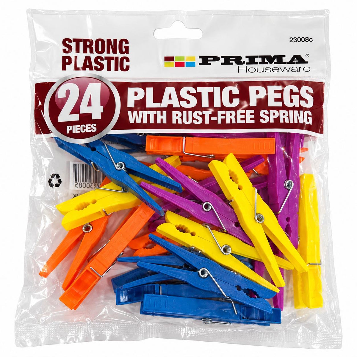Prima pack of 24 strong plastic spring clothes pegs assorted blue orange purple yellow product 23008C