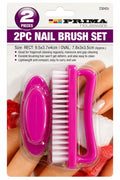 Prima two piece bright pink nail cleaning brush set one oval shaped compact brush and one rectangular loop handled brush with white bristles model 23042C