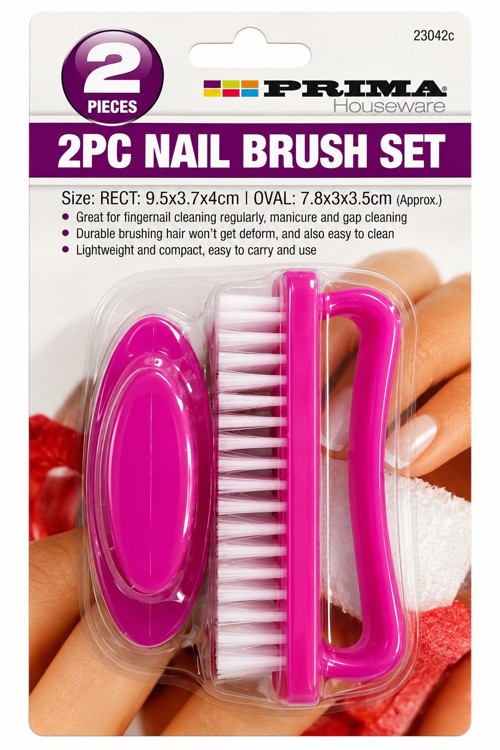 Prima two piece bright pink nail cleaning brush set one oval shaped compact brush and one rectangular loop handled brush with white bristles model 23042C