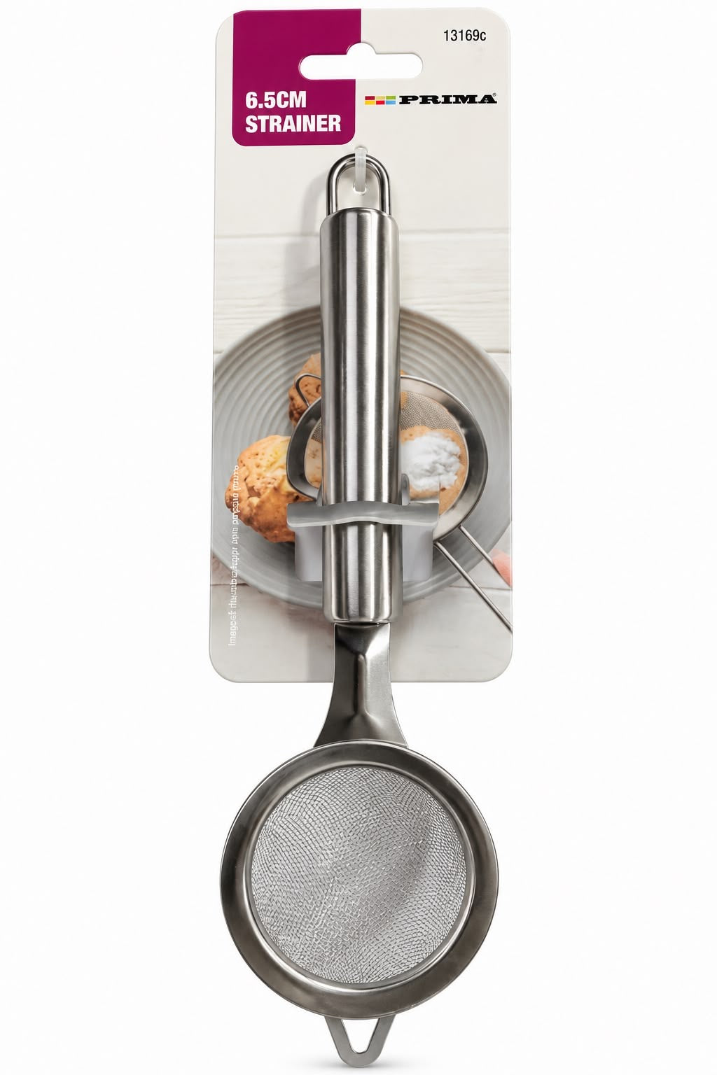 Prima 6.5cm fine mesh strainer with silver-coloured handle and hanging loop, pack 13169C