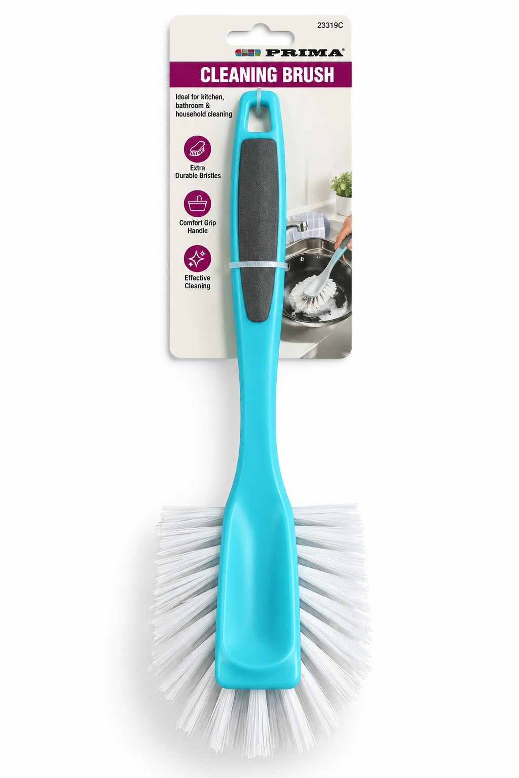 Prima 23319C turquoise handled cleaning brush with black grip and white durable bristles