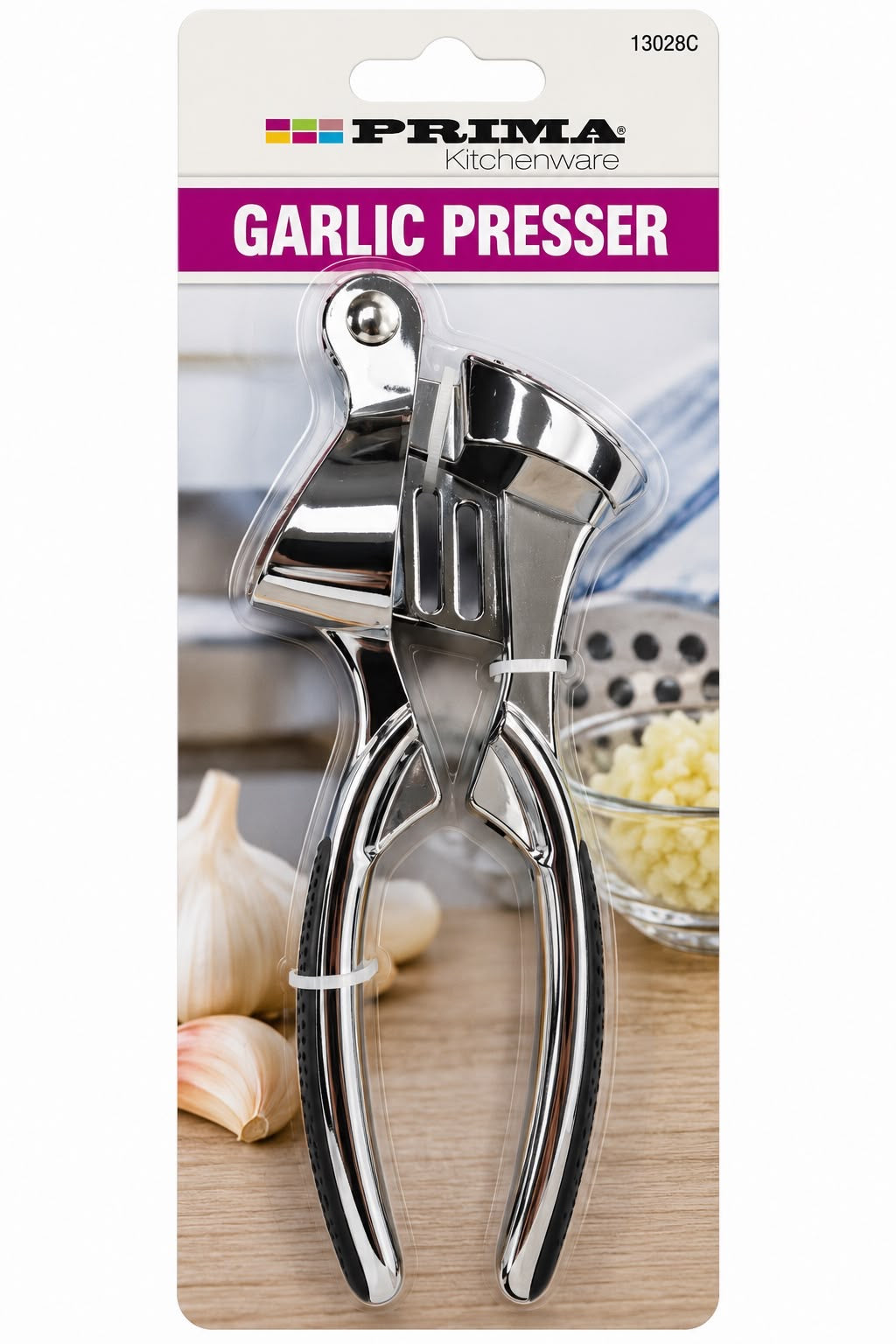 Prima Garlic Presser 13028C handheld silver-coloured garlic press with dark grip handles