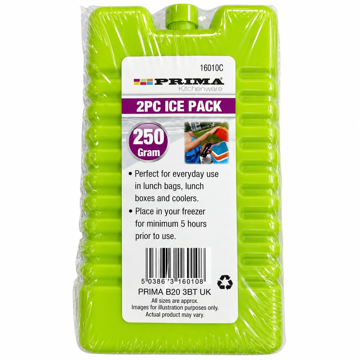 Prima 2 piece 250 gram marked reusable freezer ice pack set green 16010C