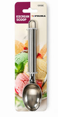 Prima Ice Cream Scoop 13155C, silver-coloured scoop with hanging-loop handle in original card packaging