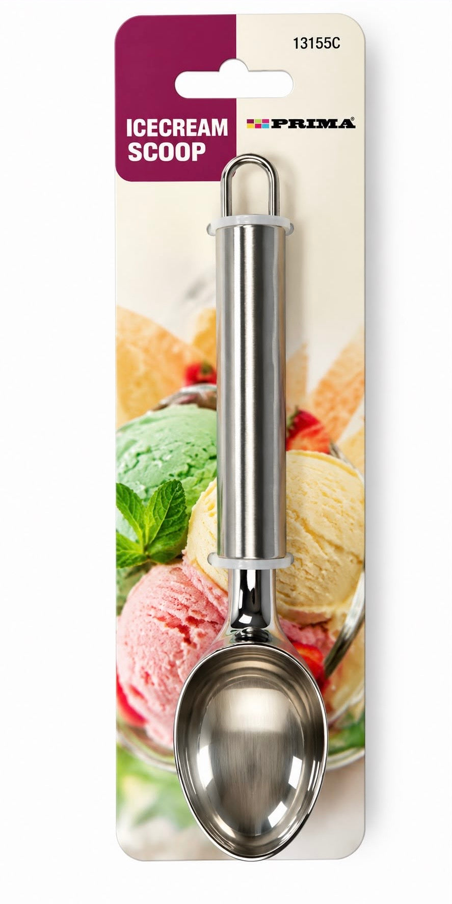 Prima Ice Cream Scoop 13155C, silver-coloured scoop with hanging-loop handle in original card packaging