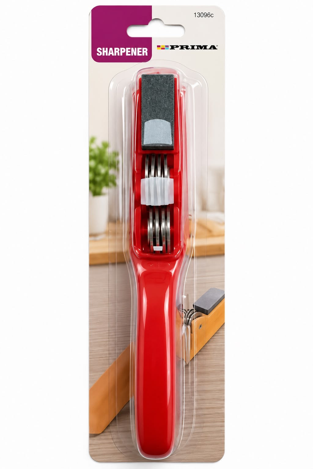 Prima Manual Knife Sharpener 13096C in red with sharpening slots and abrasive stone on original packaging