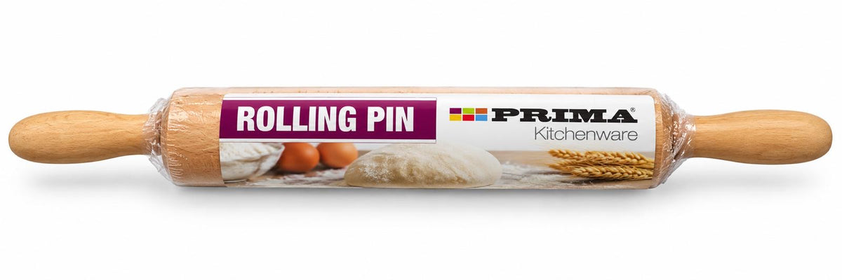 Prima natural wood rolling pin with two wooden handles and cylindrical roller for pastry baking