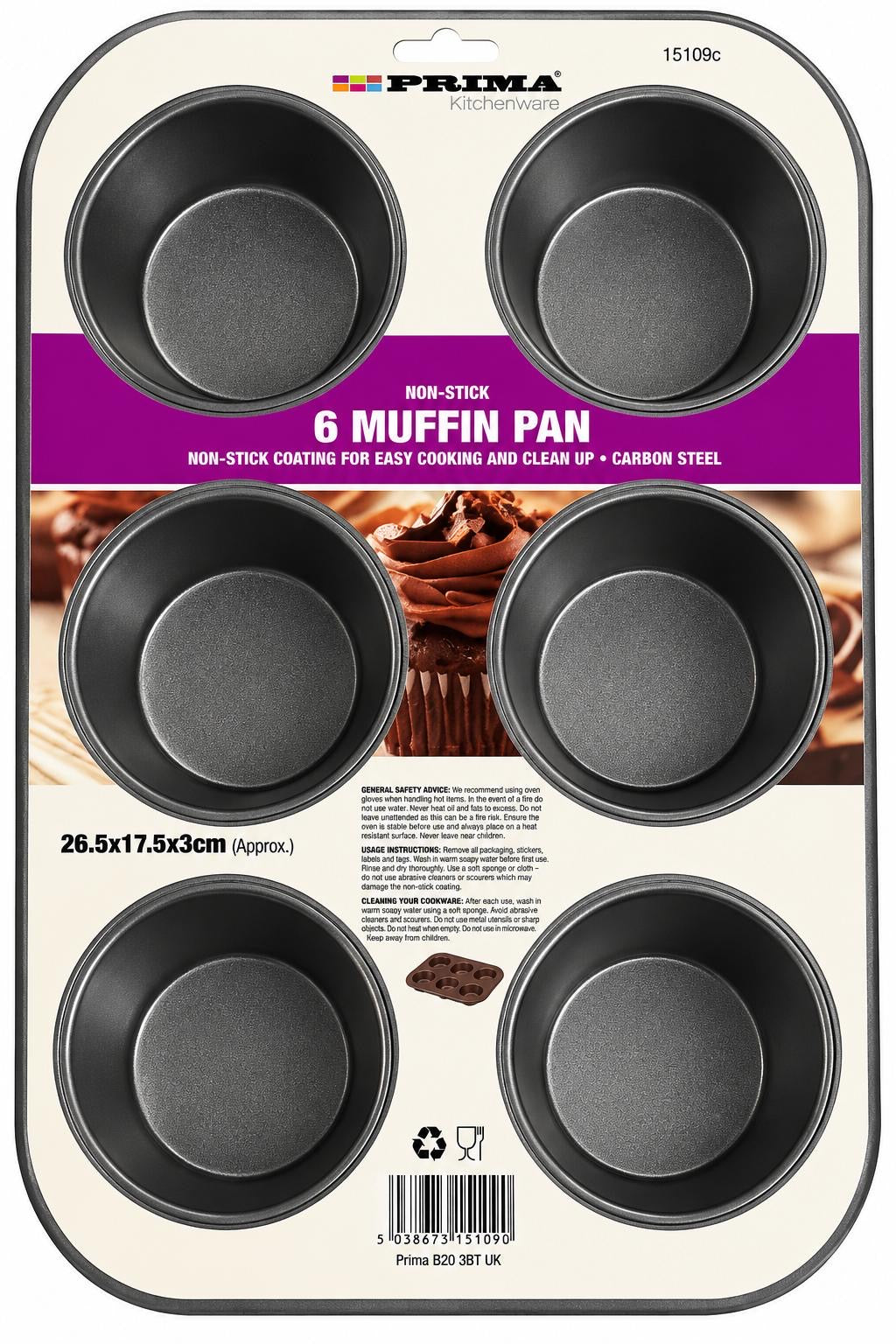 Prima six cup non-stick muffin and cupcake carbon steel baking tray, approx 26.5 x 17.5 x 3cm