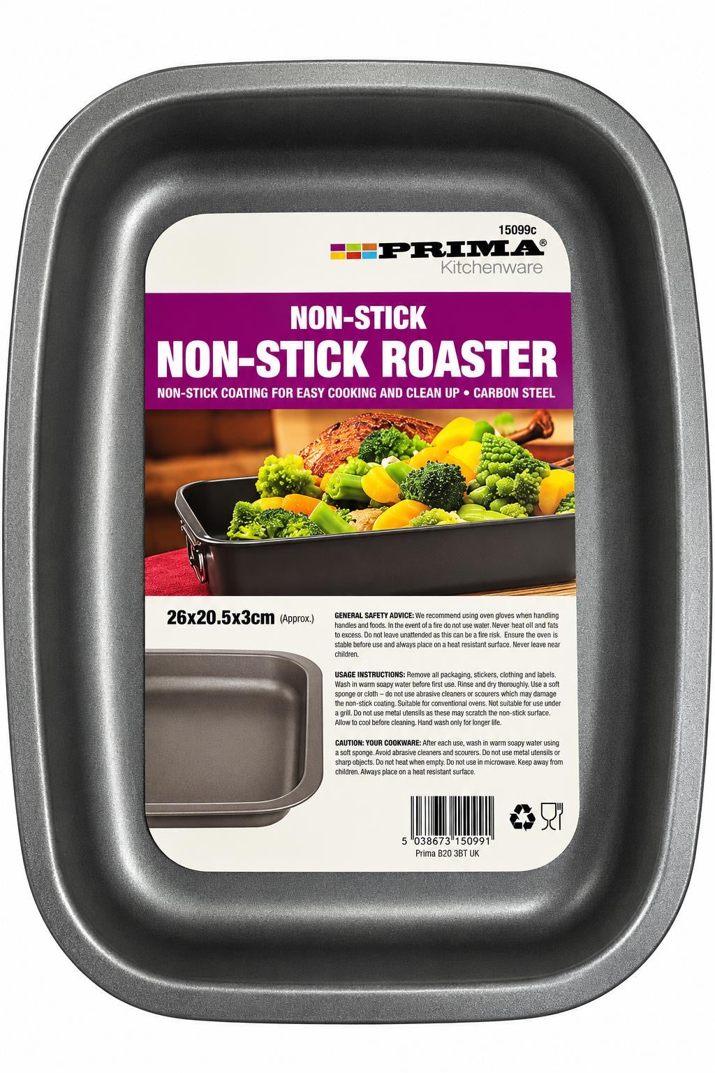 Prima non-stick carbon steel oven roasting tin grey rectangular 26x20.5x3cm product 15099C