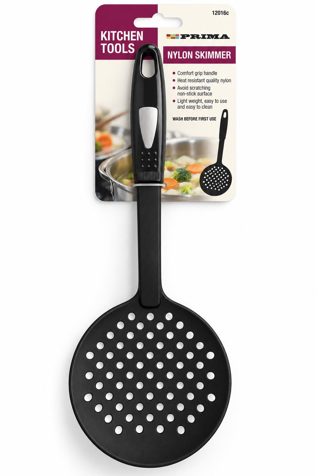 Prima black nylon round perforated skimmer cooking spoon with comfort grip handle 12016C