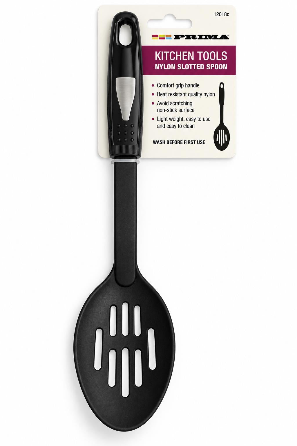 Prima black heat-resistant nylon slotted kitchen serving spoon comfort grip hanging handle model 12018C