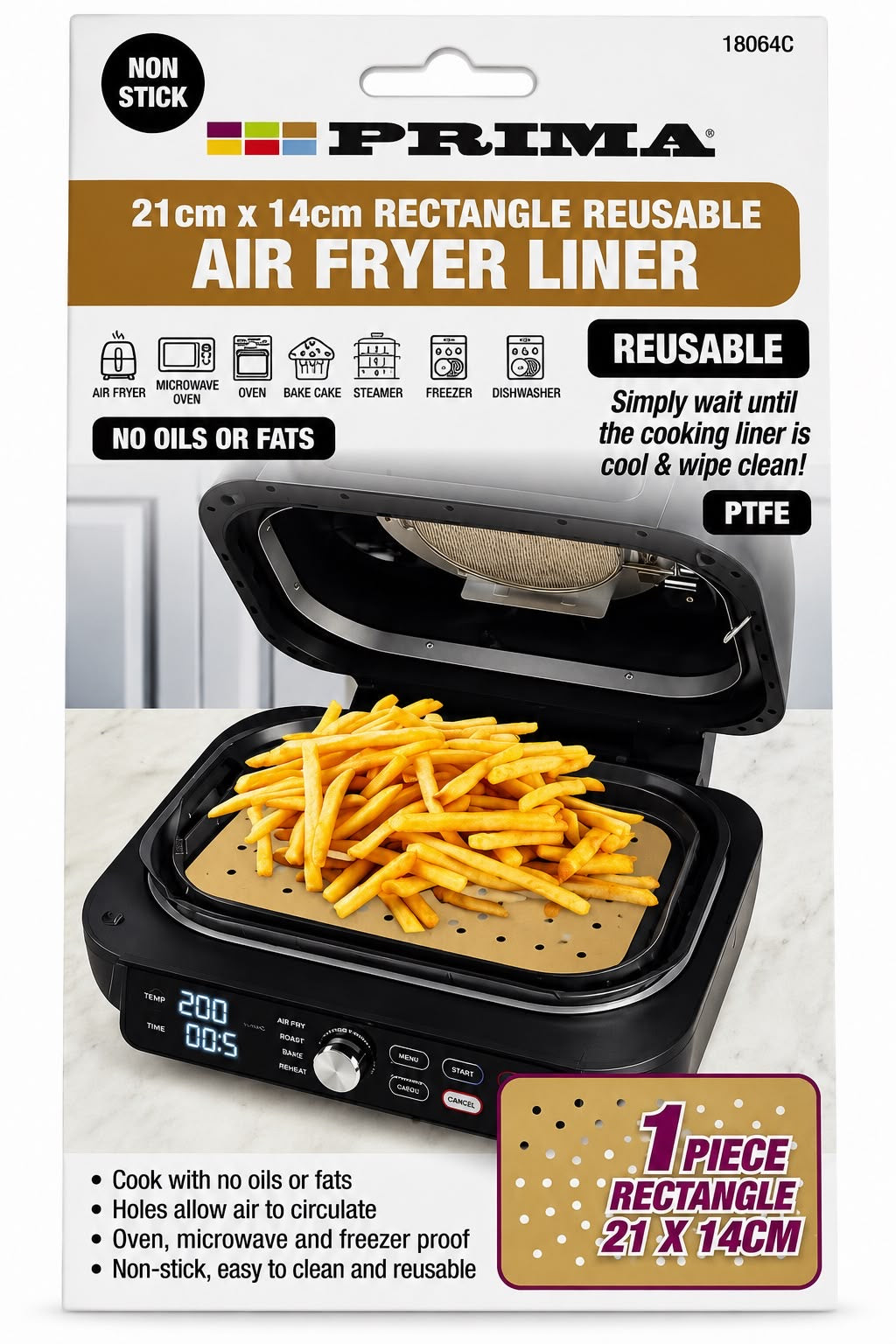Prima 21 x 14cm rectangle reusable air fryer liner, non-stick PTFE, perforated design, pack 18064C