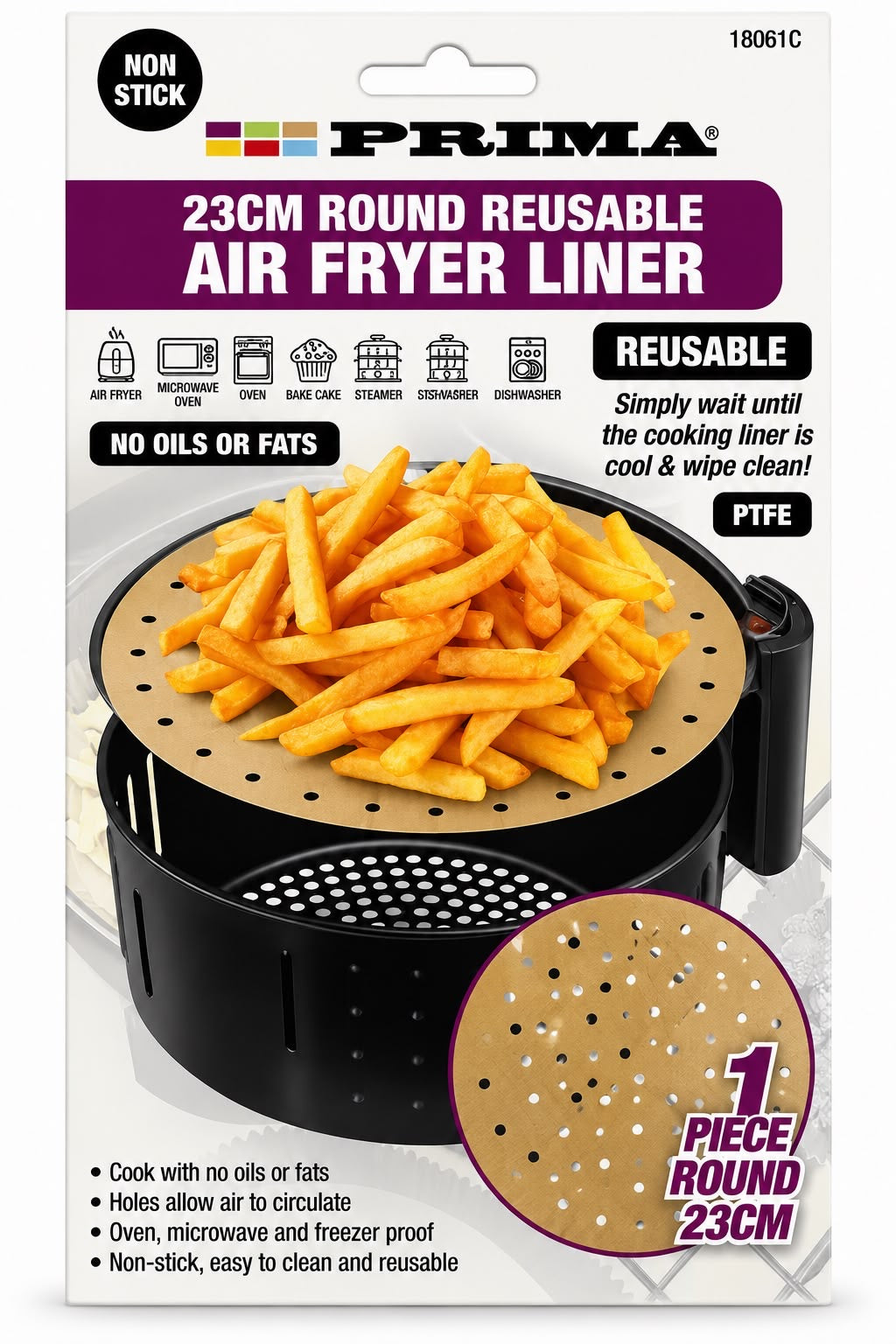 Prima 23cm round reusable non-stick perforated PTFE air fryer liner, 1 piece, product code 18061C