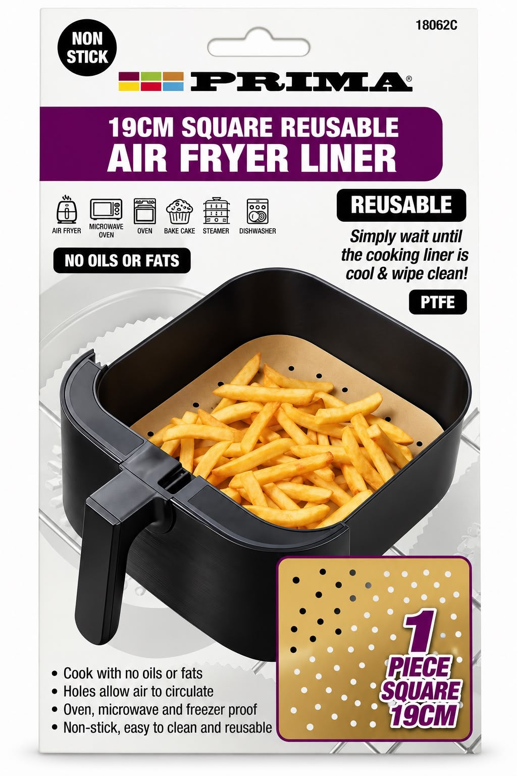 Prima 19cm square reusable non-stick perforated PTFE air fryer liner, 1 piece, product code 18062C