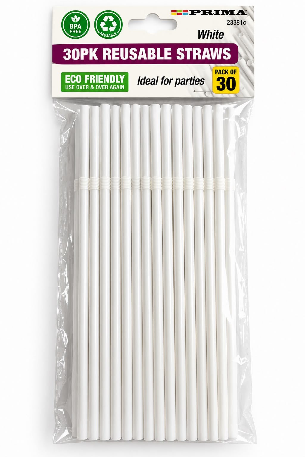 Prima reusable white drinking straws 30 pack, BPA free, product code 23381C
