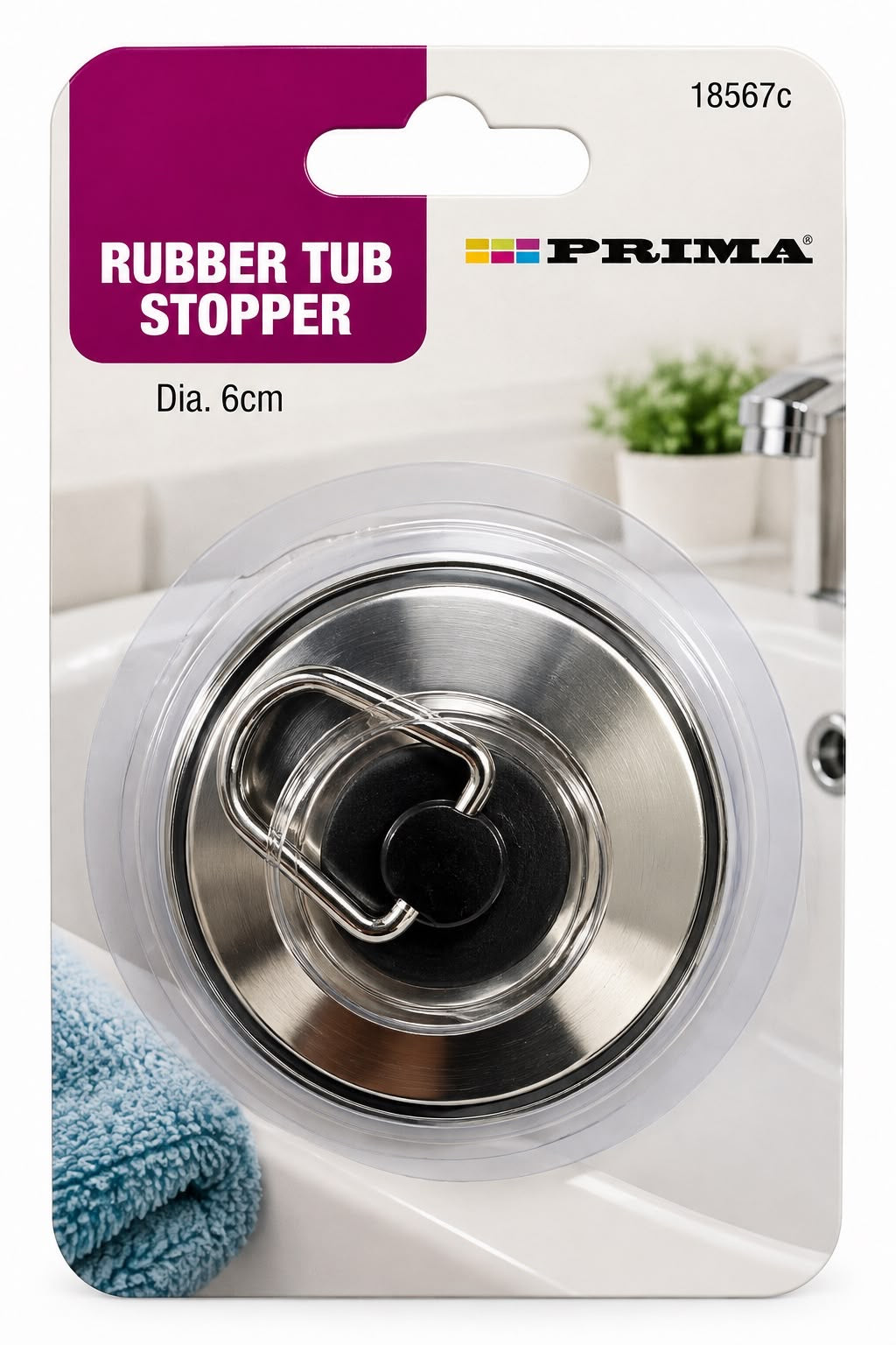 Prima rubber bath tub stopper 6cm diameter with silver-coloured top and pull ring