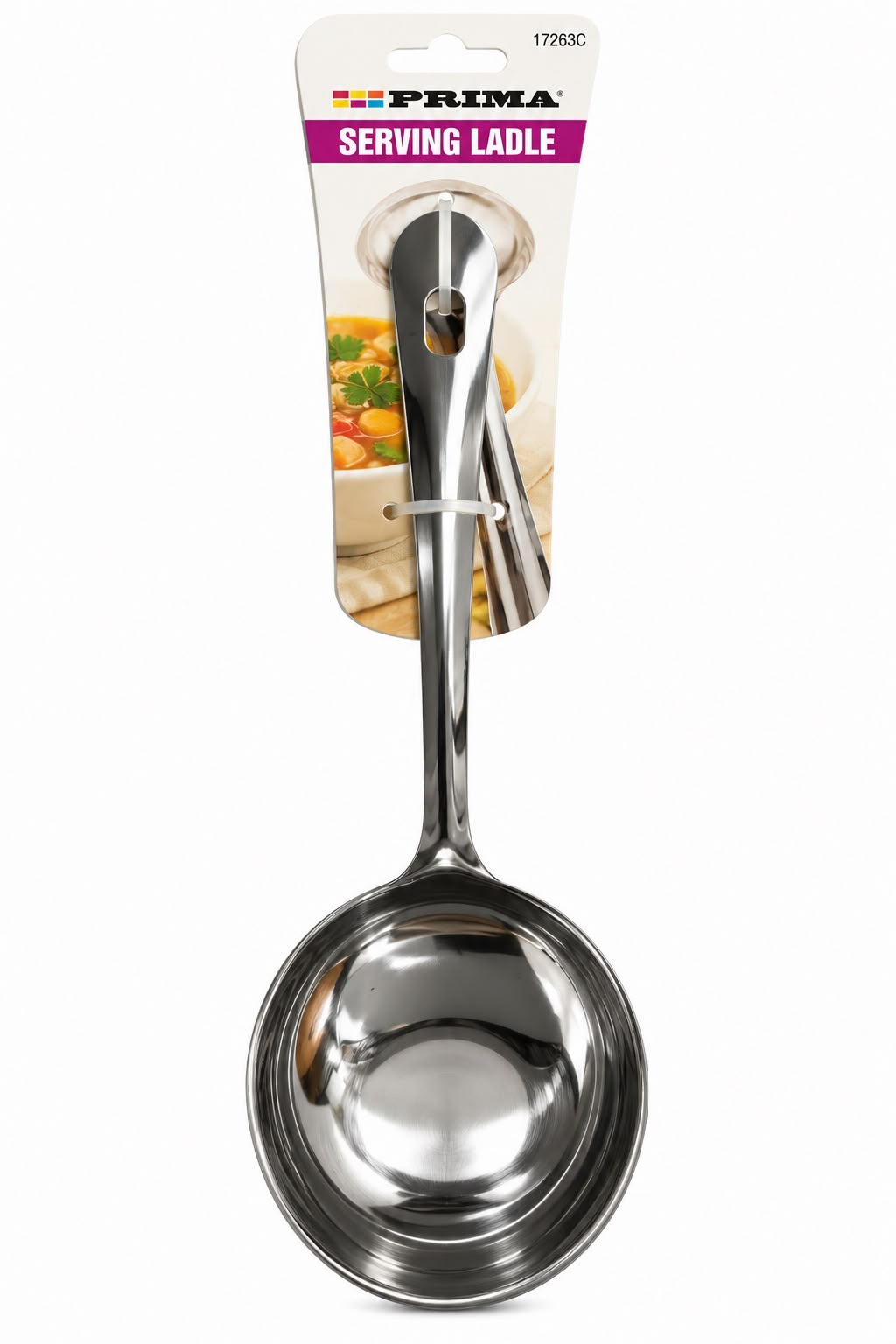 Prima silver-coloured kitchen serving ladle with deep bowl and hanging-loop handle 17263C