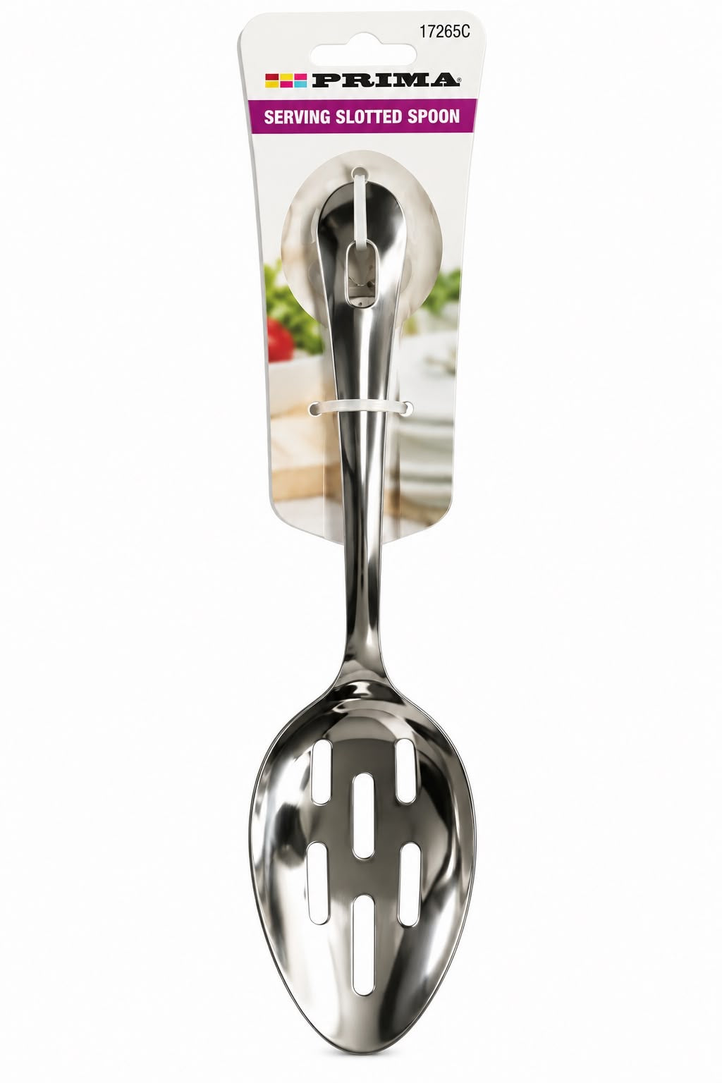 Prima serving slotted spoon silver-coloured with draining slots and long hanging handle 17265C