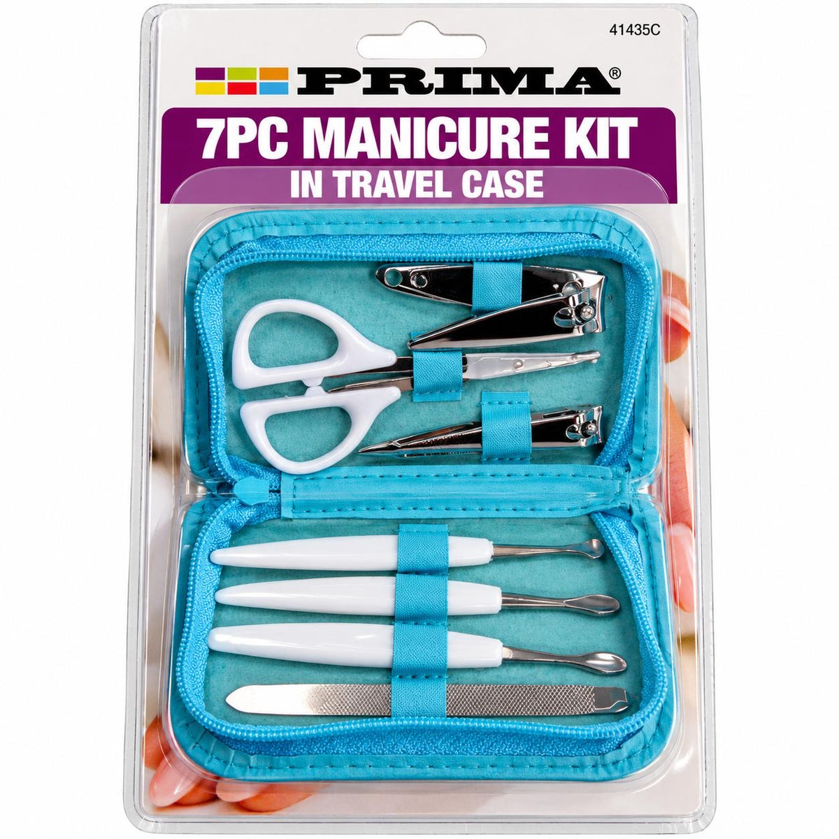 Prima 7-piece manicure kit including nail clippers, grooming scissors, manicure tools and nail file in zipped turquoise blue travel case 41435C