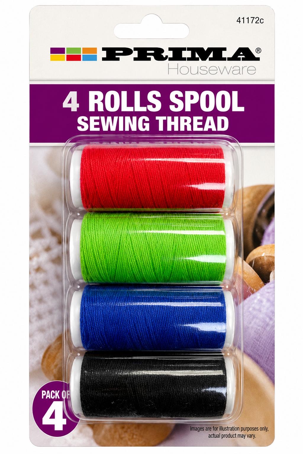 Prima four rolls of sewing thread in red green blue and black for stitching and mending 41172C