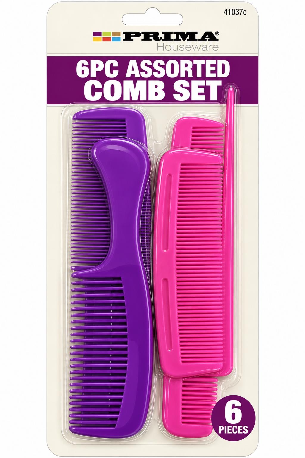 Prima six assorted hair combs in pink and purple different comb sizes and tooth spacing, product 41037C