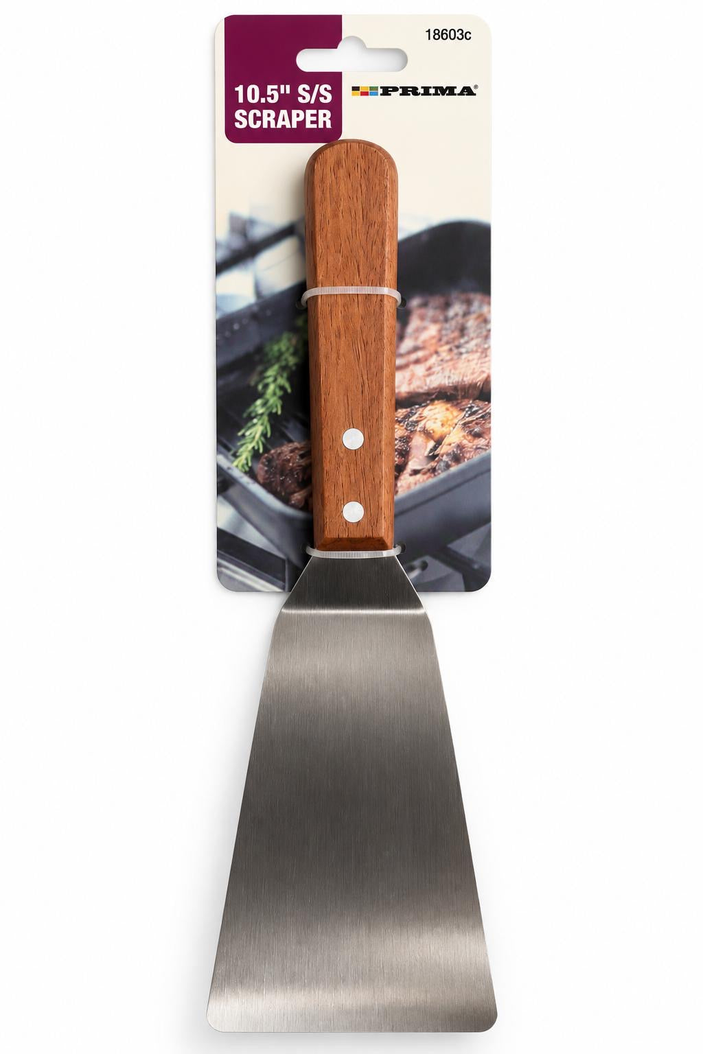 Prima 10.5 inch stainless steel broad flat blade kitchen food scraper with wooden handle 18603C