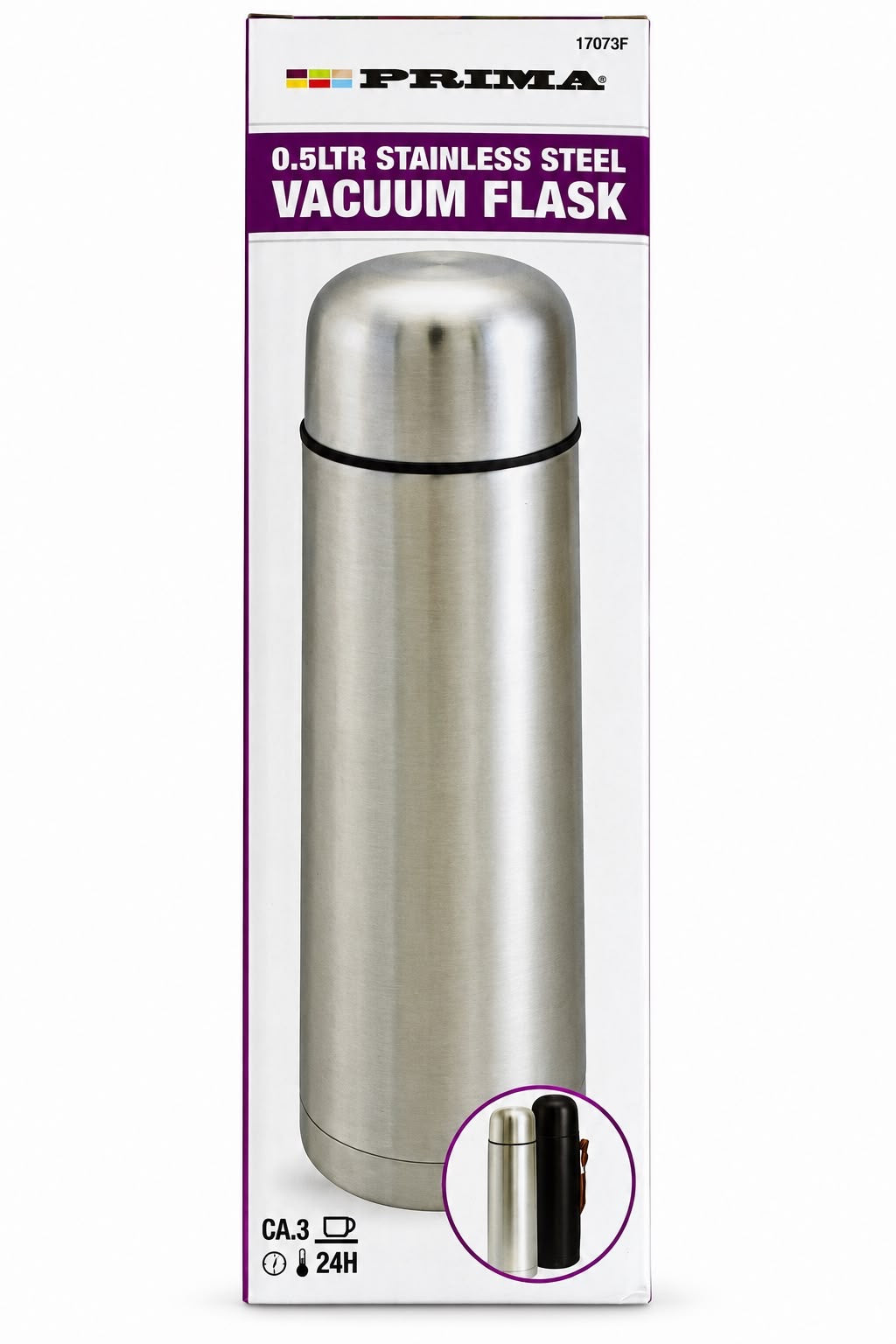 Prima stainless steel 500ml vacuum flask model 17073F, silver flask on purple and white packaging