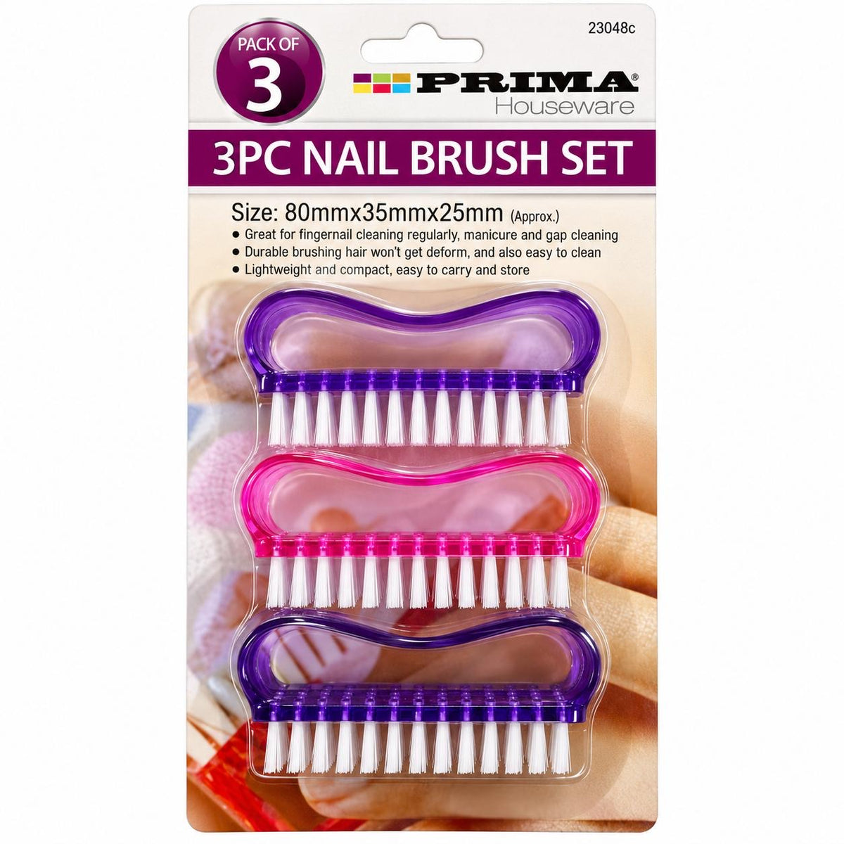 Prima Houseware 3 nail scrubbing cleaning brushes with white bristles and coloured purple pink handles reference 23048C
