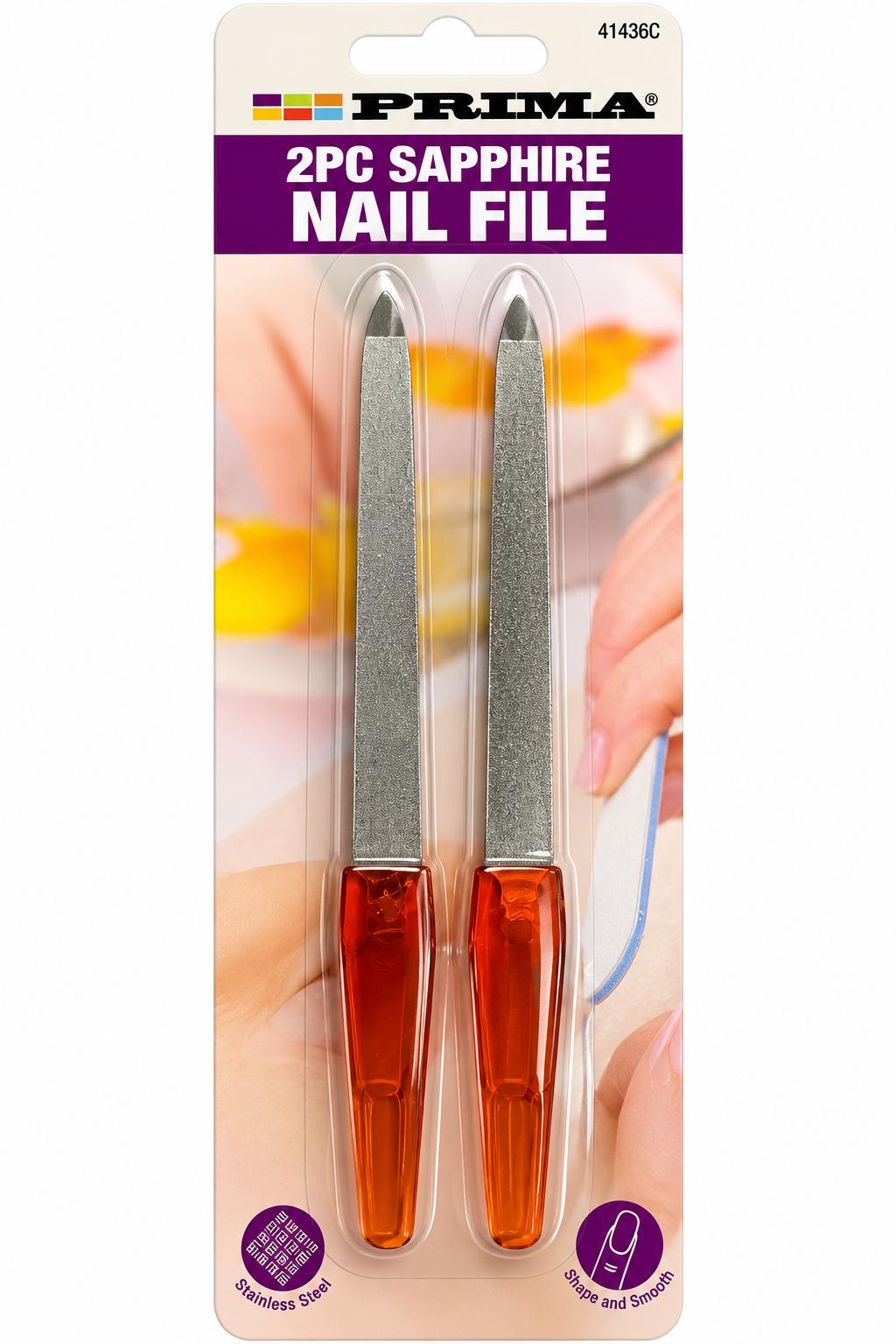 Prima sapphire nail files pack of two with metal filing surfaces and translucent amber orange handles code 41436C