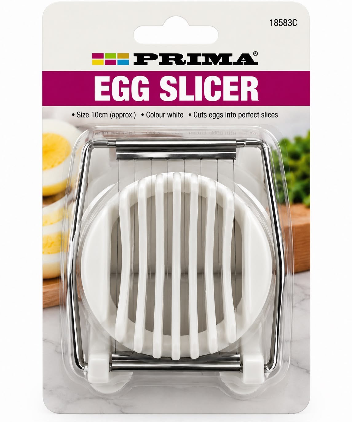 Prima white hinged egg slicer 10cm with metal cutting wires in retail packaging 18583C