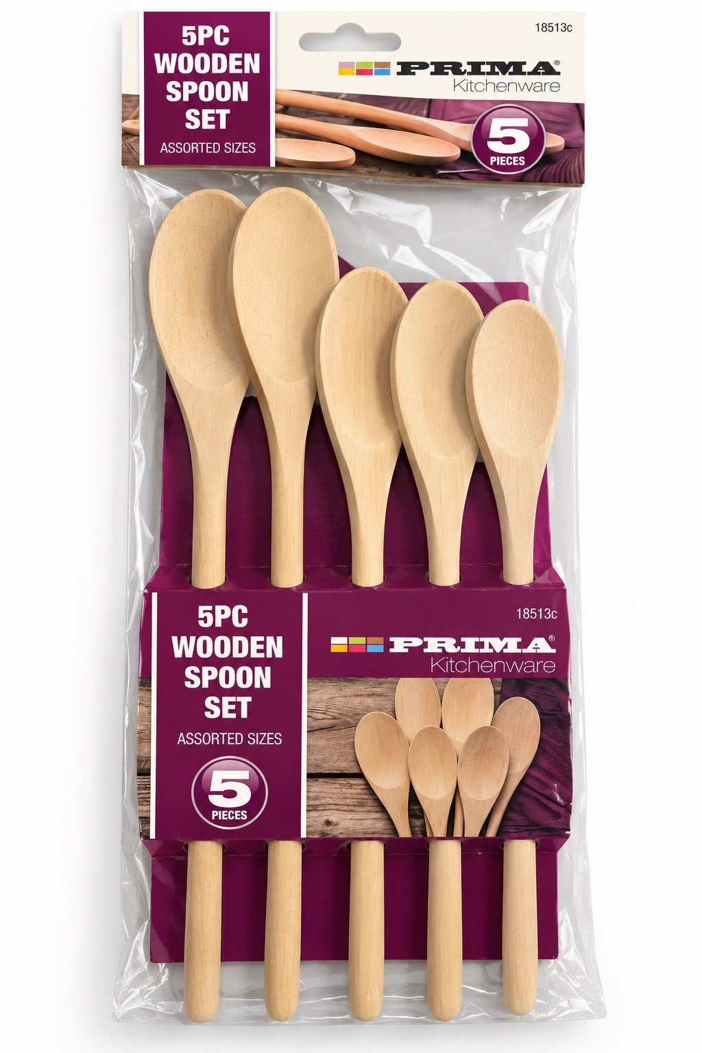 Prima Kitchenware five piece wooden cooking spoon set in assorted sizes model 18513C