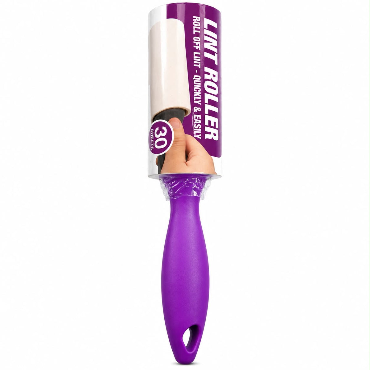 30-sheet lint roller with purple handle and roll-off liner