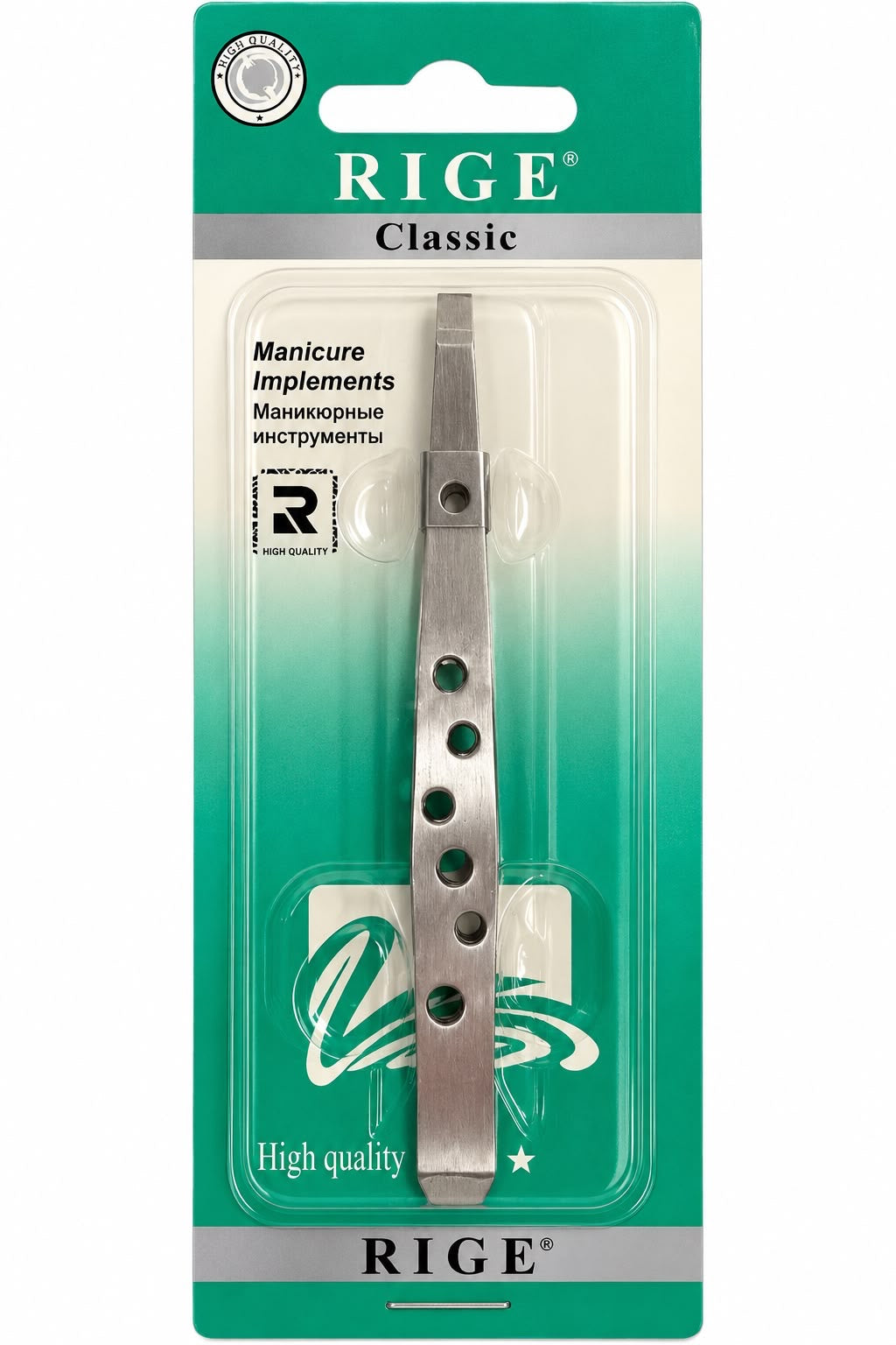 RIGE Classic metal manicure implement with long flat metal handle, circular grip holes and two shaped ends, green card packaging
