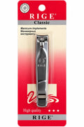 RIGE Classic silver metallic nail clipper with lever cutting action shown on red packaging