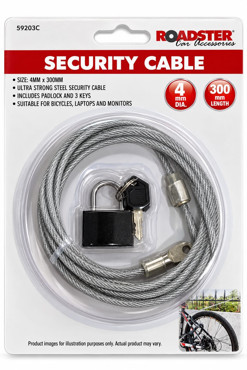 Roadster steel security cable with padlock and three keys, model 59203C