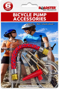 Roadster six-piece bicycle pump accessory kit with flexible hose and assorted inflator fittings