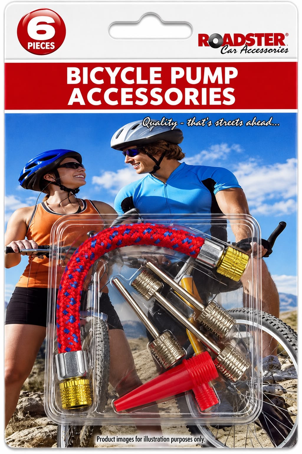 Roadster six-piece bicycle pump accessory kit with flexible hose and assorted inflator fittings