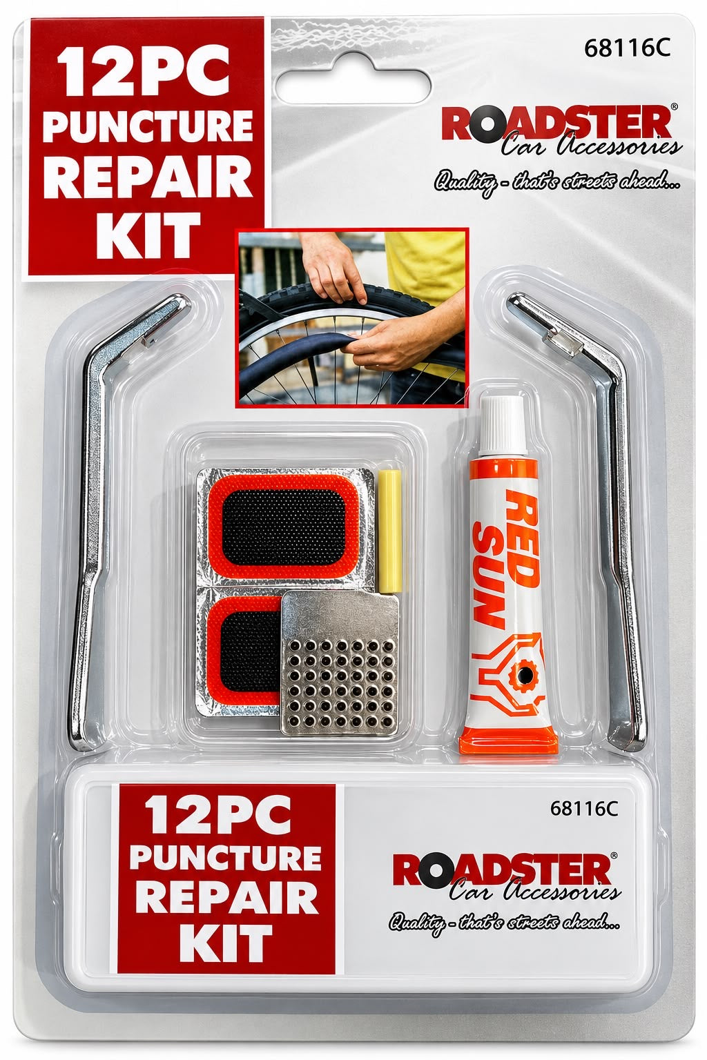 Roadster 68116C 12-piece bicycle tyre puncture repair kit in packaging
