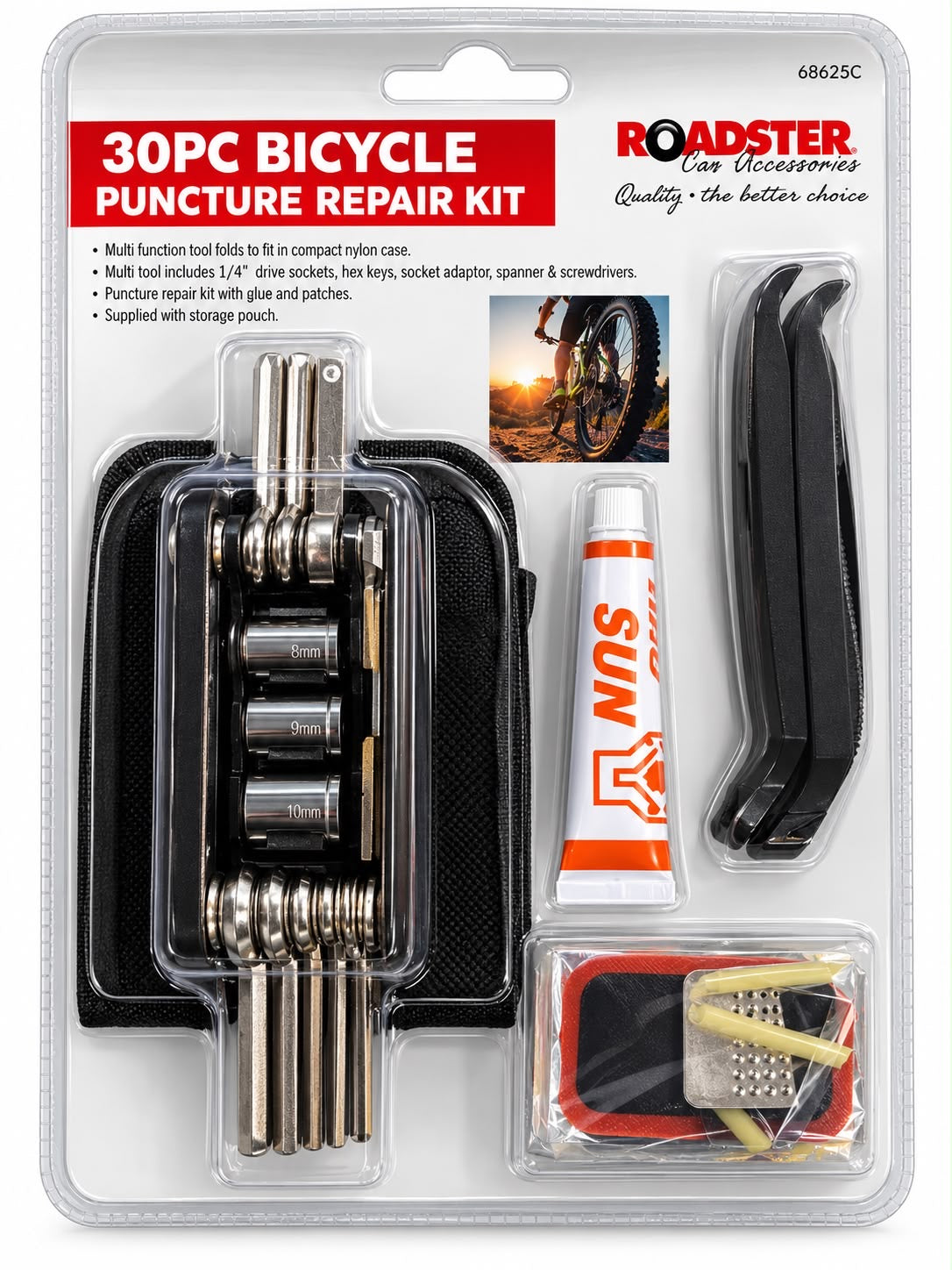 Roadster 68625C thirty-piece bicycle puncture repair toolkit, folding multitool, tyre levers, patches, adhesive and pouch