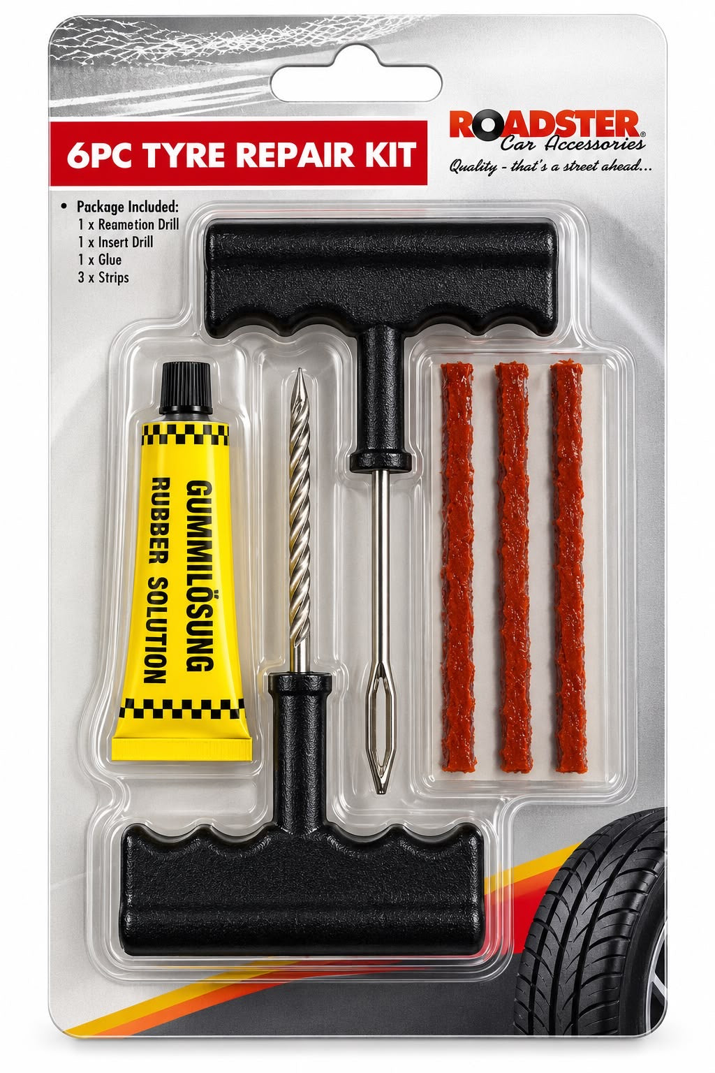 Roadster 6 piece tyre repair kit with reaming tool, insertion tool, rubber strips and adhesive