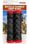 Roadster pair of textured black bicycle handlebar grips with red end details