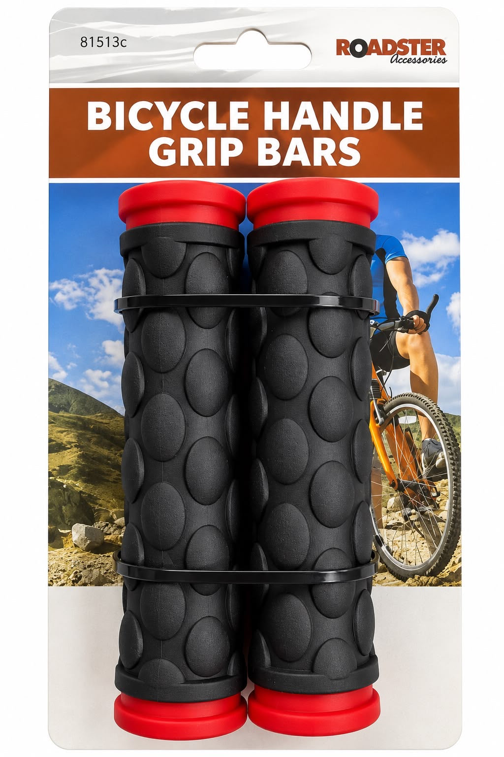 Roadster pair of textured black bicycle handlebar grips with red end details