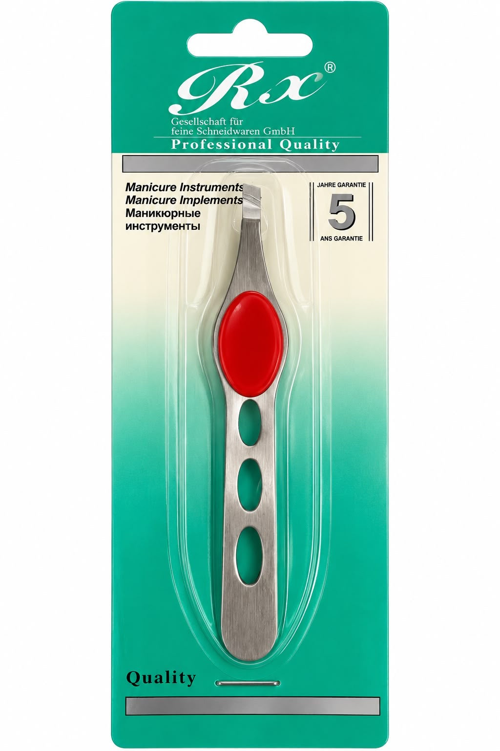 Rx Professional Quality stainless steel manicure instrument with slanted metal tip and oval red grip