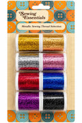 Sewing Essentials eight assorted metallic sewing thread spools shimmering gold copper silver pink red blue purple and black colours