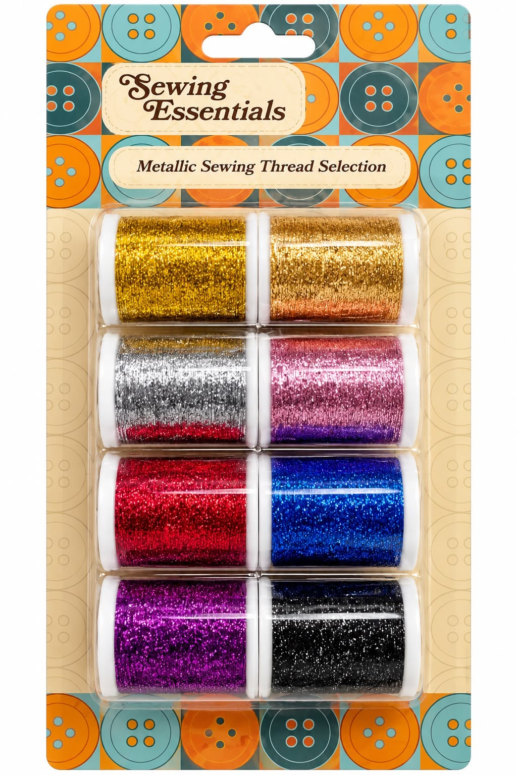 Sewing Essentials eight assorted metallic sewing thread spools shimmering gold copper silver pink red blue purple and black colours