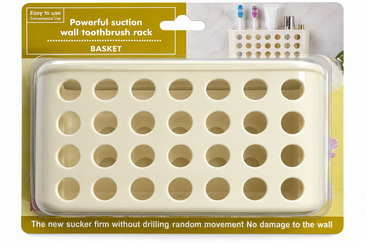Cream coloured suction wall mounted toothbrush basket with perforated front for toothbrushes and bathroom essentials