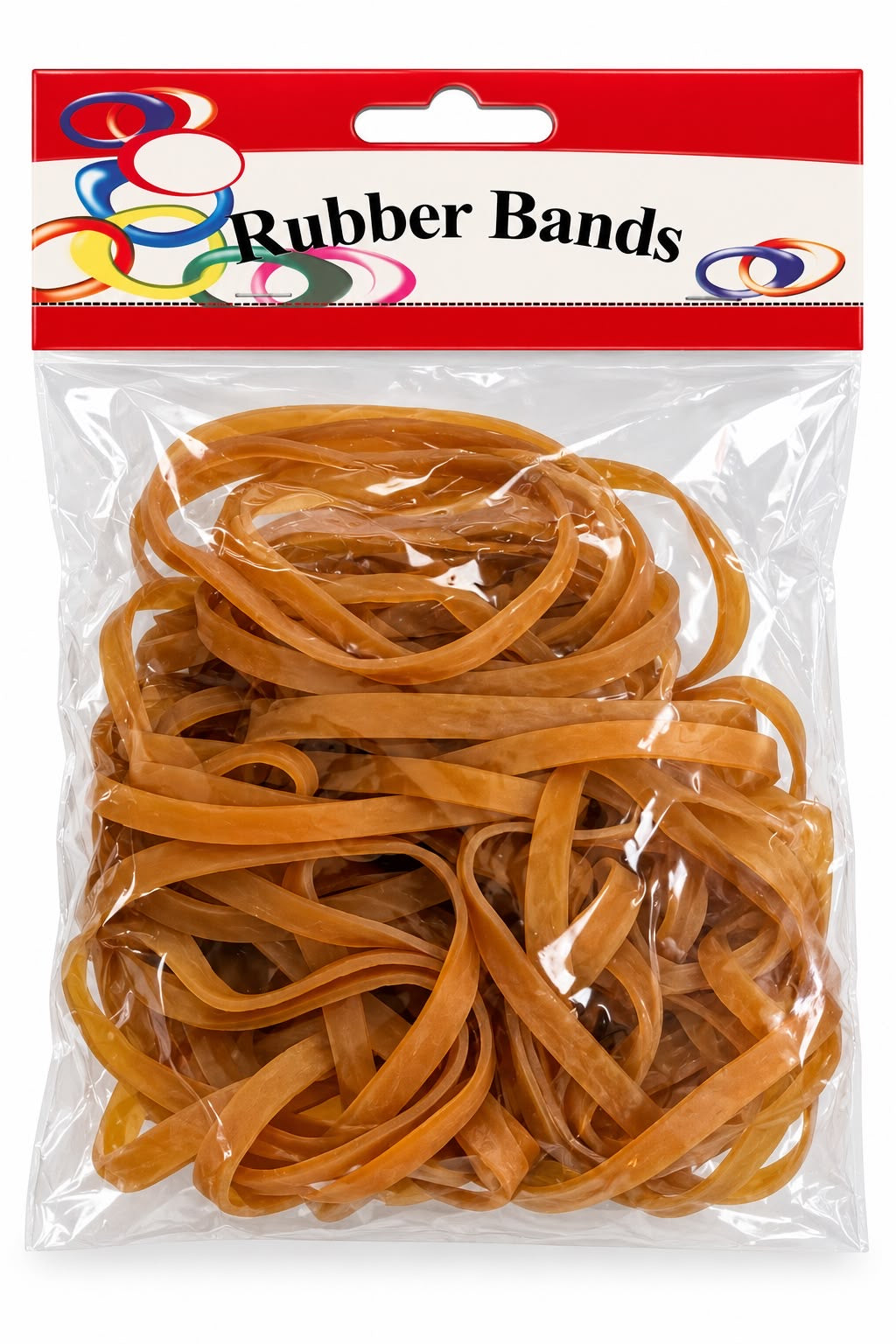 Thick brown amber rubber bands in clear retail packet