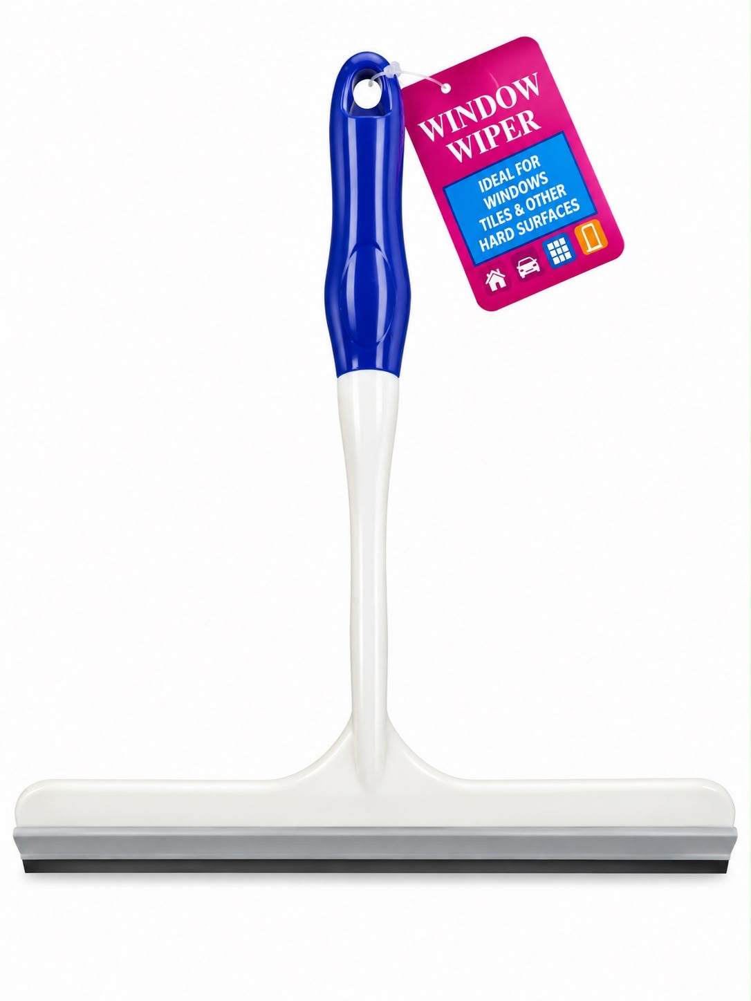 Blue and white handheld window wiper with rubber squeegee blade for windows glass tiles and smooth surfaces